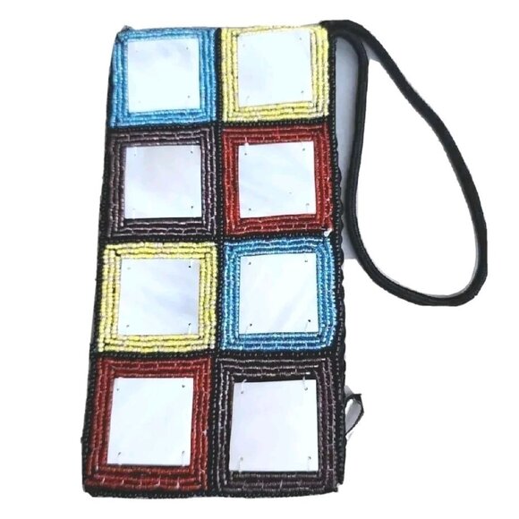 Mad BD Genuine Square Mother-of-Pearl Beaded Coin Bag/Wristlet/Cell Phone Case - Picture 1 of 10